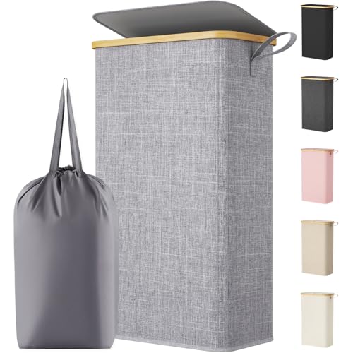 Lifewit 75L Slim Laundry Hamper with Lid, Narrow Laundry Basket with Removable Bag & Bamboo Handles, Fodable Thin Dirty Clothes Hamper for Laundry Collapsible Bin for Bathroom Bedroom Dorm, Gray - color: Gray, size: 75L