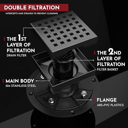 4 Inch Square Shower Drain Black Floor Drain with Flange Square Holes Pattern Cover Grate Removable SUS304 Stainless Steel Watermark&CUPC Certified Matte Black - color: Matte Black, size: 4 Inch