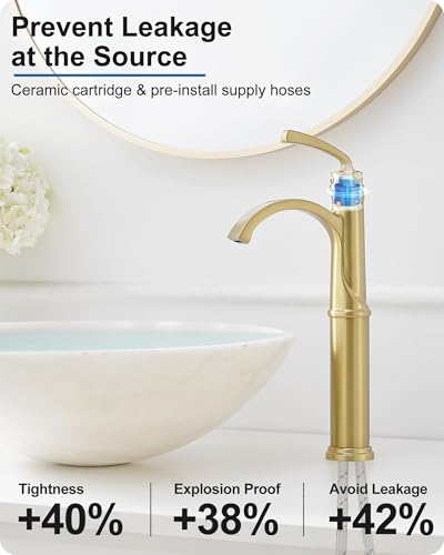 Tall Vessel Sink Faucet, Brass Waterfall Bathroom Sink Faucet Single Handle, Gold Bathroom Faucet 1 Hole, Tall Bathroom Faucets with Pop-Up Drain Water Supply Hoses - color: Brushed Gold