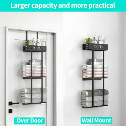 Bethom 3 Tier Over The Door Towel Rack, Hanging Towel Rack, Matte Black | Bathroom Towel Holder with Shelf, Over Door & Wall Mount Design, Ideal for Small Bathrooms, Sturdy Rust-proof Stainless Steel - color: Black-b