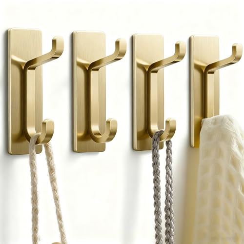 pickpiff Self Adhesive Hooks, Extra Sticky 10LB (Max), Heavy Duty Stainless, Stick On Wall and Door Hooks for Hanging, Bathroom Towel Hooks and Coat Hooks, Robe Hook Wall Mounted, Gold, 4 Pack - color: Gold, size: 4 Pack