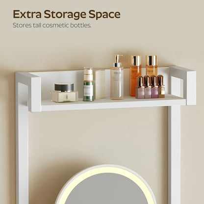 Small Vanity Desk Without Mirror, Makeup Vanity Table for Small Space, Compact White Dressing Table with Fold-up Panel and Fabric Drawer, for Bedroom, Easy Assembly, White