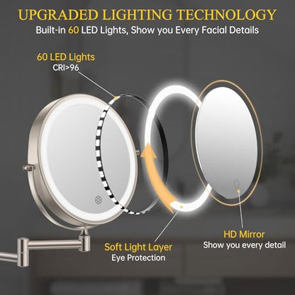 FUNTOUCH 5000mAh Rechargeable Wall Mounted Makeup Mirror with Lights 3X/20X | Double Sided Magnifying,3 Color Lights,Touch Dimmable, Extended Arm 360 Rotation Lighted Bathroom Mirror with Magnification - color: Nickel