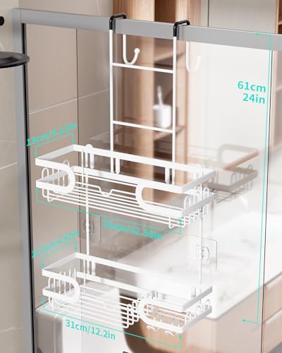 HapiRm Shower Caddy Over Door- Hanging Shower Organizer with 14 Hooks and Soap Holder, Rustproof & Waterproof Stainless Steel Bathroom Shelf - White - color: White