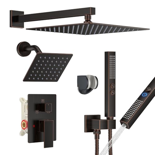 Rain Shower System 12" & 6" Dual Shower Heads, Wall Mount Shower Faucet Set | Ideal for bathroom remodels and upgrades with 12" rain shower, 6" angled shower, handheld spray and complete valve kit. - color: Oil Rubbed Bronze, size: Wall Mounted - 12"+6" S
