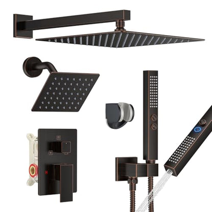 Rain Shower System 12" & 6" Dual Shower Heads, Wall Mount Shower Faucet Set | Ideal for bathroom remodels and upgrades with 12" rain shower, 6" angled shower, handheld spray and complete valve kit. - color: Oil Rubbed Bronze, size: Wall Mounted - 12"+6" S
