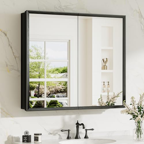 TokeShimi 30 x 26 Medicine Cabinet Mirror for Bathroom, Assembly Required, Black Recessed Medicine Cabinet with Mirror, Stepless Adjustable Shelves, Beveled Aluminum Frame, Tempered Glass - color: Black, size: 30x26 in