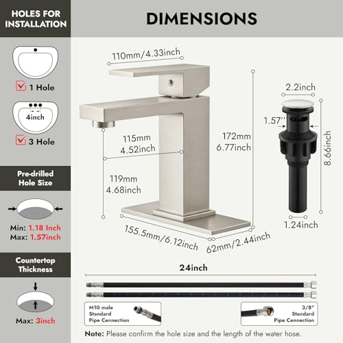 Heyalan Bathroom Sink Faucet, Single Handle Vanity Faucet, Brushed Nickel | SUS304 stainless steel, hot and cold supply hoses, 1- or 3-hole installation, 6-inch deck plate and pop-up drain - color: Brushed Nickel