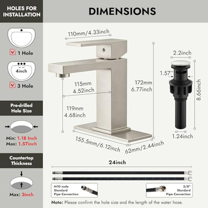 Heyalan Bathroom Sink Faucet, Single Handle Vanity Faucet, Brushed Nickel | SUS304 stainless steel, hot and cold supply hoses, 1- or 3-hole installation, 6-inch deck plate and pop-up drain - color: Brushed Nickel