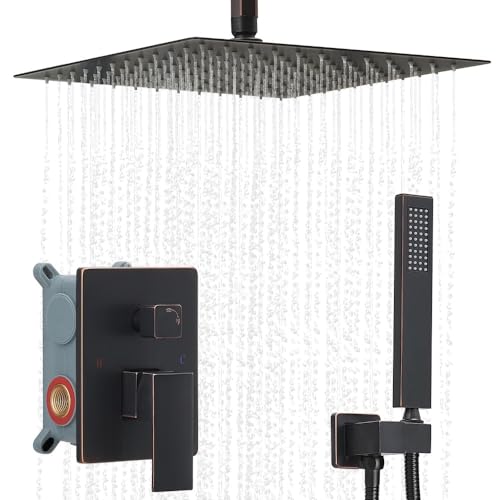 ‎Oil Rubbed Bronze Shower System Bathroom 12 Inch Rain Shower Head Ceiling Mount with Handheld Luxury High Pressure Shower Combo Set Shower Faucet Rough-in Valve Body and Trim Kit - color: Oil Rubbed Bronze, size: 12 Inch
