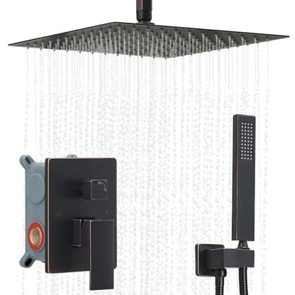 ‎Oil Rubbed Bronze Shower System Bathroom 12 Inch Rain Shower Head Ceiling Mount with Handheld Luxury High Pressure Shower Combo Set Shower Faucet Rough-in Valve Body and Trim Kit - color: Oil Rubbed Bronze, size: 12 Inch