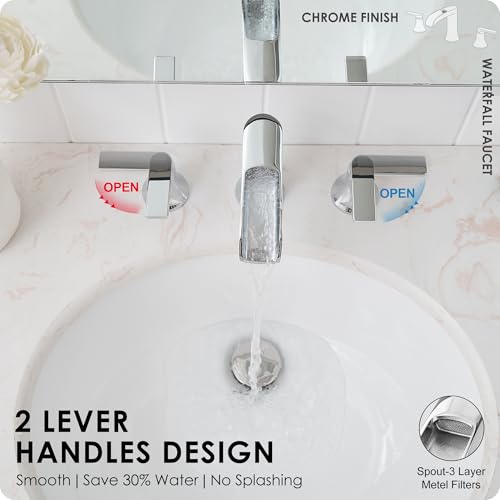 Chrome Modern Bathroom Faucet Waterfall 4-8 Inch 3 Hole Bathroom Sink Faucet Widespread with Pop-up Drain and cUPC Supply Line, 2 Handle for Vanity, Lavatory, Restroom, Apartment, Brass Material - color: Chrome - Fashion