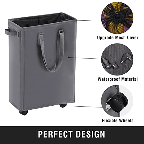 45L Slim Rolling Laundry Basket with Wheels & Adjustable Long Handles, Grey | Small Laundry Baskets with Mesh Top, Narrow Dirty Clothes Hamper for Bedroom, Closet, and Bathroom - color: Gray - Rolling, size: 45L