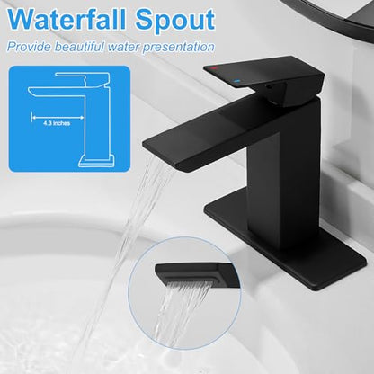 RUMOSE Bathroom Faucets 1 & 3 Hole Vanity Faucet with Drain Matte Black | Single Handle Bathroom Sink Faucet Set Waterfall Spout Kit with Deck Plate Rv Lavatory Basin Faucet, Stainless Steel - color: Matte Black