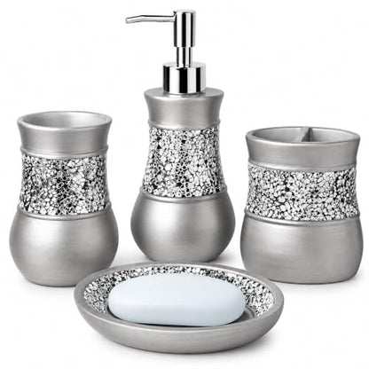 Creative Scents 4 Pc. Resin Bathroom Accessory Set | Silver Crackled Glass | Includes Soap Dispenser, Toothbrush Holder, Tumbler Cup and Soap Dish - style: 4 Pc Set