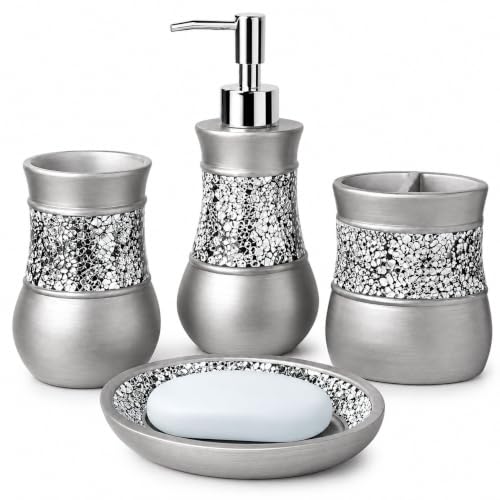 Creative Scents 4 Pc. Resin Bathroom Accessory Set | Silver Crackled Glass | Includes Soap Dispenser, Toothbrush Holder, Tumbler Cup and Soap Dish - style: 4 Pc Set