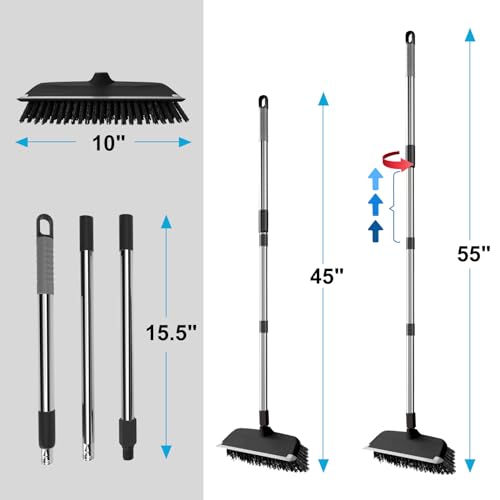 Floor Scrub Brush with 55" Long Handle, 10" Wide Stiff Bristles Deck Brush, Stainsless Steel Pole Heavy-Duty Cleaning Brush, 2-in-1 Scrubber with Ruber Squeegee for Deck, Patio, Pool, Tile, Wall