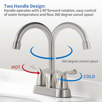 2 Handle Brushed Nickel Bathroom Sink Faucet - 4 Inch Centerset Faucet Bathroom 2 or 3 Hole Lavatory Faucet Bathroom Vanity Sink Faucets with Pop-up Drain and Supply Lines - color: ‎Brushed Nickel