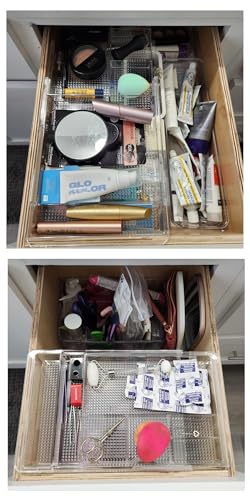Oubonun Expandable Drawer Organizer 11.1” to 19.2” Width, Shallow Cosmetic Organizer 1.3” Height, 4 Packs, Clear Plastic Storage Trays for Dressing Table,Bathroom - style: Shallow 4 Packs