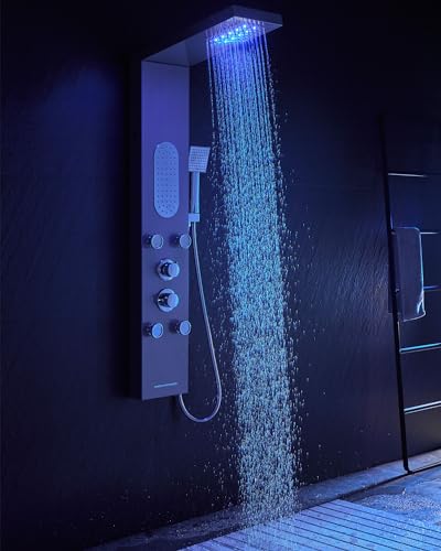 5-Function LED Shower Panel Tower System 4 Jets Stainless Steel | LED rain head | 4 massage jets | Body waterfall spray | Handheld shower | Tub spout | Brushed finish - color: Brushed Nickel
