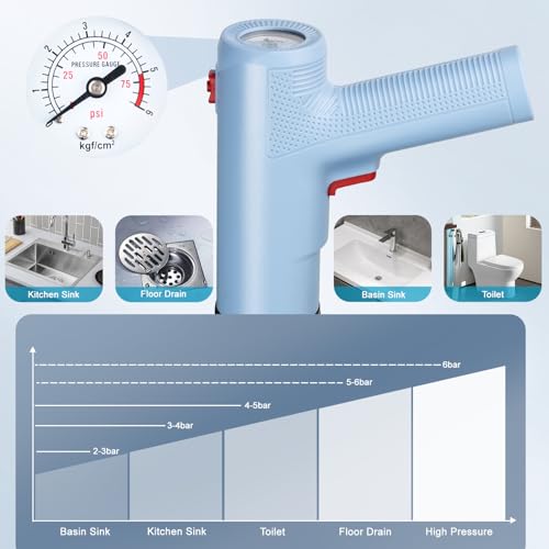 Electric Toilet Plunger, Blue One-Touch High Pressure Air Drain Blaster with Real-Time Barometer & Multi-Accessory Kit, Heavy Duty Automatic Drain Unclogger for Toilets, Sinks, Tubs, Pipes - size: Electric Toilet plunger-Blue