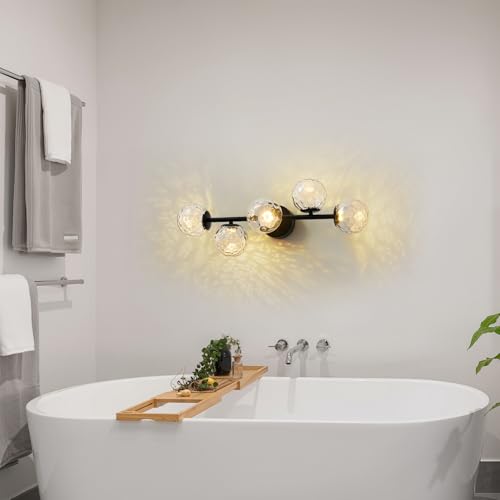 LED Bathroom Vanity Light Fixtures,Modern Black Makeup Bathroom Lighting | 5 Lights Hammered Clear Globe Glass Wall Sconce,Dimmable Mid Century Modern Bubble Glass Bathroom Vanity Lights over Mirror - color: Black Hammered Glass, size: Integrated LED