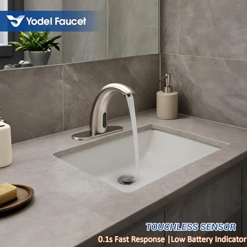 Touchless Bathroom Sink Faucet - Automatic Motion Sensor Restroom Toilet Faucet - Battery Operated for Commercial Lavatory, Brushed Nickel - color: Brushed Nickel