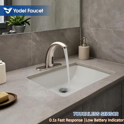 Touchless Bathroom Sink Faucet - Automatic Motion Sensor Restroom Toilet Faucet - Battery Operated for Commercial Lavatory, Brushed Nickel - color: Brushed Nickel