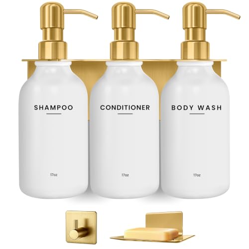 Shampoo and Conditioner Dispenser Set with Soap Dish & Towel Hook, Gold