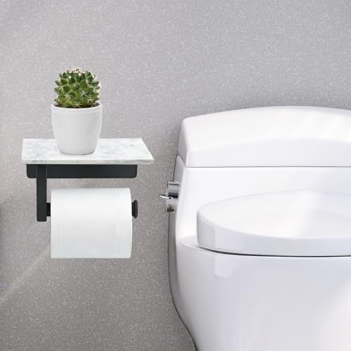 Toilet Paper Holder with Natural Marble Shelf, Wall Mounted Tissue Holder, Modern and Durable Bathroom Accessory for Bathroom Washroom(Black) - color: Black