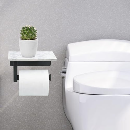 Toilet Paper Holder with Natural Marble Shelf, Wall Mounted Tissue Holder, Modern and Durable Bathroom Accessory for Bathroom Washroom(Black) - color: Black