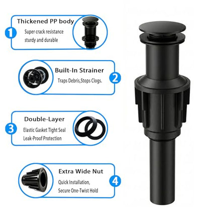 Bathroom Sink Drain Without Overflow- Matte Black Pop up Drain for Bathroom Vanity Vessel Sink Drain Stopper - Anti-clog Pop-up Plastic Drain with Hair Catcher Strainer - color: Matte Black
