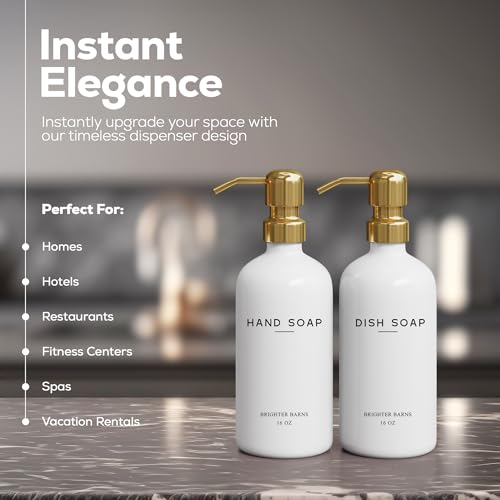 Luxury Glass Hand and Dish Soap Dispenser Set by Brighter Barns - Kitchen Soap Dispenser Set & Stainless Steel Pump - Glass Bottle for Sink - White and Gold Kitchen Accessories for Airbnb, Gift (Gold) - color: Gold Hd