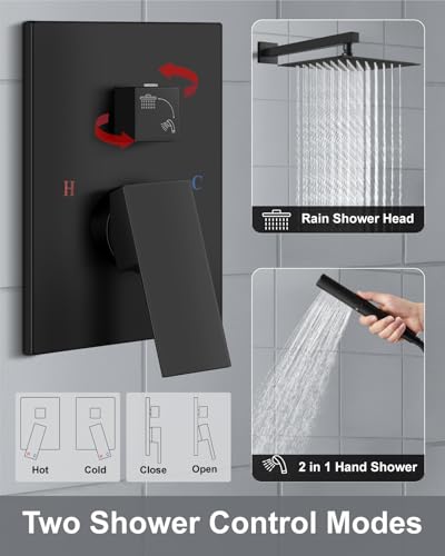 Aolemi Shower System with Rain Head and Handheld,12-Inch,Matte Black | High-Pressure Shower Faucet Set with Dual-Function Handheld,Rough-In Valve,1.8 GPM,Wall-Mount Trim Kit - color: Matte Black, size: 12 Inch