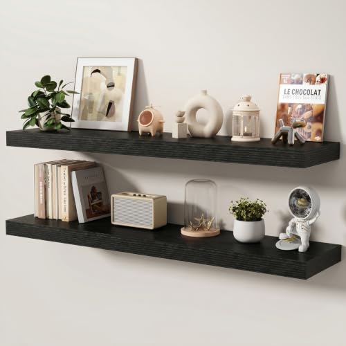 Floating Shelves for Wall, 48 Inch x 8 Inch Deep Wall Mounted Wood Shelf with Invisible Brackets for Storage & Display, Living Room Bedroom Kitchen, Black, Set of 2 - color: Black, size: 48 Inch, Set of 2