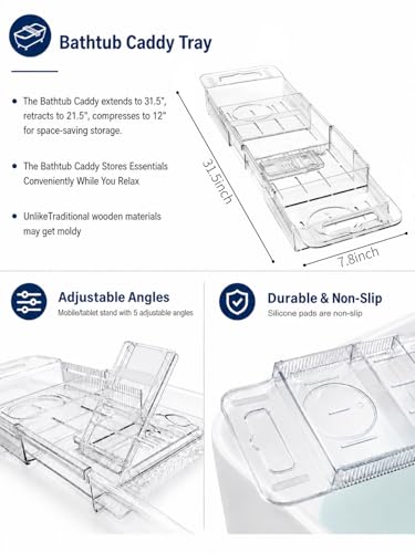 Bathtub Caddy Tray,Adjustable Bathtub Tray Table, Bath Organizer for Relaxing Spa-Features 2 Cup Holders, A Phone Stand with 5 Angle Adjustments,Non-Slip Silicone Pads,Won't Get Moldy,Easy to Clean.