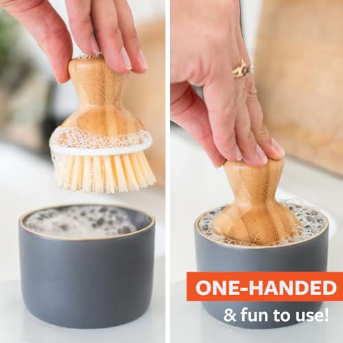 Full Circle Bubble Up Ceramic Soap Gray Ergonomic Bamboo Handle, Dish Brush + Dispenser, Grey/White