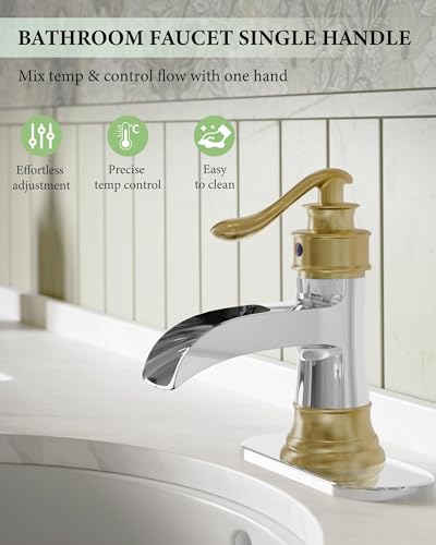 Bathroom Faucet Waterfall Sink Faucets Bathroom Widespread Single Handle | Chrome and Gold for 1 or 3 Holes Rustic Vanity Farmhouse with Pop-up Drain Deck Plate Hose by Homevacious - color: Chrome & Gold