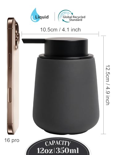 INGOFIN Ceramic Soap Dispenser for Kitchen and Bathroom - Refillable Liquid Hand and Dish Soap Pump Bottle, Modern Countertop Lotion Dispenser, 12oz, Matte Grey - color: Gray