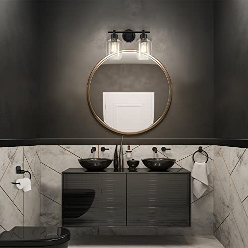 Globe Electric 3-Piece Powder Room Set, Matte Black, 2-Light Vanity with Clear Glass Shades and Matching Hardware, 51850 - color: Matte Black, Clear Glass, 2-Light