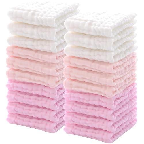 20 Pcs Baby Muslin Washcloth 12 x 12 Inch 100% Cotton Soft and Absorbent Muslin Washcloth Burp Cloth Wipe Newborn Face Towel for Baby Boy Girl Sensitive Skin(Powder Pink, White, Pink) - color: Powder Pink, White, Pink