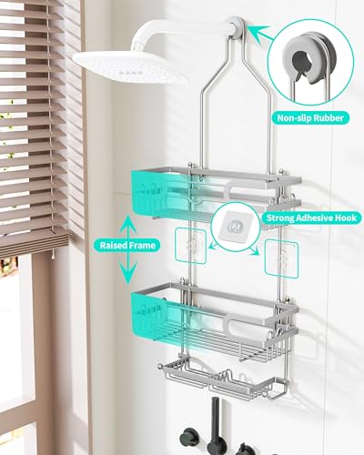 HapiRm Bathroom Hanging Shower Caddy - Rustproof Shower Shelf with 12 Hooks and 2 Soap Holders, No Drilling Bathroom Organizers and Storage - Silver - color: Silver(Large)