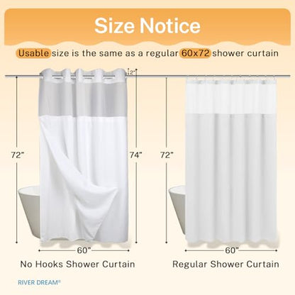 River Dream Heavyweight No Hooks Required Dotted Waffle Weave Shower Curtain with Snap in Liner - 60W x 74L, Hotel Grade, Spa Like Bath Curtain, White | Dotted Waffle,Snap-in Liner,Heavy Duty,Quick Dry,Mesh Top Window,With Bottom Magnets,Hotel-Grade,Washa