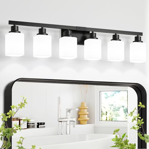 6 Light Bathroom Vanity Light, Modern Matte Black Bathroom Light Fixtures with Square Frosted Glass, Wall Sconces fixtures Over Mirror Restroom,Living Room Hallway E26 - color: Black, size: 6-Light