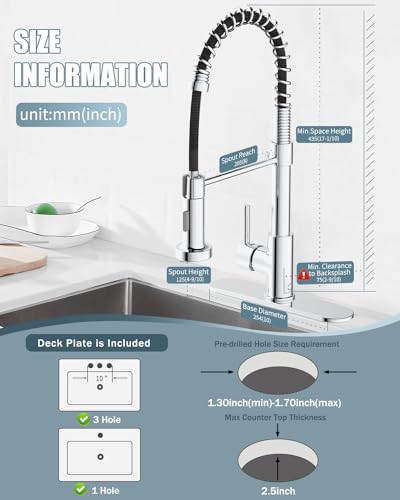 Kitchen Faucet,Chrome Kitchen Faucet with Soap Dispenser and Deck Plate,Faucet for Camper Farmhouse RV Kitchen Sink,Single Handle Stainless Steel Kitchen Sink Faucets with Pull Down Sprayer - color: E-Chrome Polished, style: Contemporary