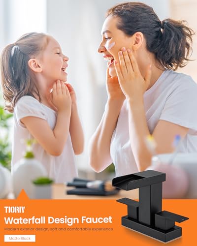 Waterfall Bathroom Faucet 2 or 3 Holes, Matte Black Bathroom Sink Faucet, 4 Inch Centerset Faucets, 2 Handles Waterfall Vanity Faucets, Pop Up Drain Assembly Included - color: Matte Black