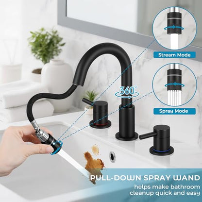 8 Inch Pull Down Bathroom Faucet 3 Hole,Black Bathroom Sink Faucet | Stainless Steel,Pull Down Sprayer,3 hole Widespread,with Pop-up Drain,Water Supply Hoses,Two Water Flow Modes, Black - color: A-Matte Black