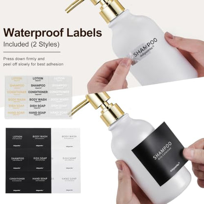 Shampoo and Conditioner Dispenser Set of 3, Matte White | Gold Pumps, 16.9 oz Refillable Bottles, No-Drill Wall Mount, 27 Labels, For Bathrooms, Hotels and Airbnbs - color: Matte White Bottle + Gold Pump