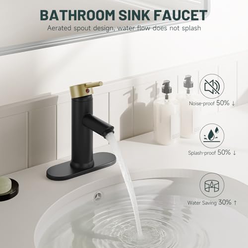 Bathroom Faucet for 1 or 3 Holes, Black and Gold, Brass | Single Handle Bathroom Sink Faucets, Modern Commercial Lavatory Vanity Faucet,with Deck Plate and Supply Line, Pop Up Drain - color: Black & Gold