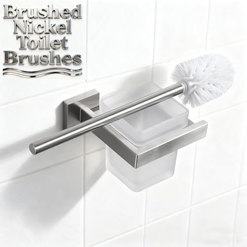Toilet Brush and Holder Set, NEWRAIN 304 Stainless Steel Wall Mounted Toilet Brush with Long Brush Handle, Brushed Nickel Toilet Scrubber, Glass Canister - color: Brushed Nickel